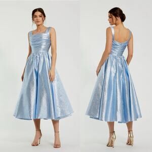 Mac Duggal Shimmery Powder Blue Midi Fit-and-Flare Dress